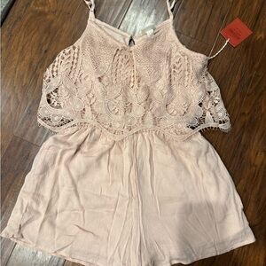 Elegant Asymmetrical Lace Overlay Romper in Blush